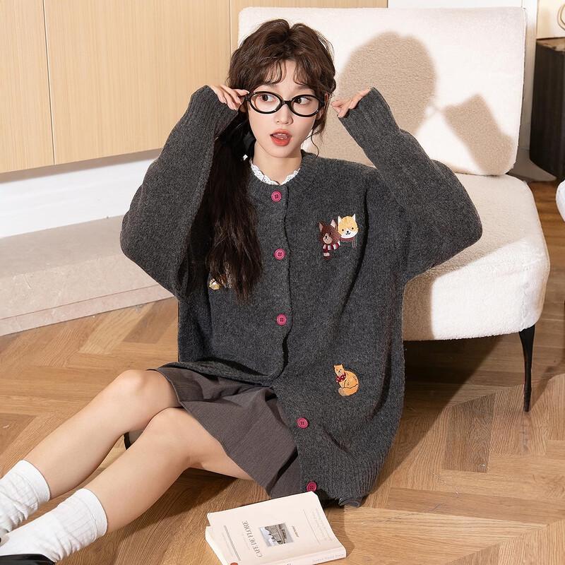 Women's Round Neck Embroidered Cardigan Sweater