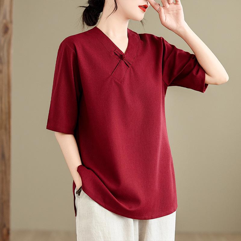 Vintage V-neck Cotton Linen Hanfu Top - Mid-sleeve Zen Tea Ceremony Shirt