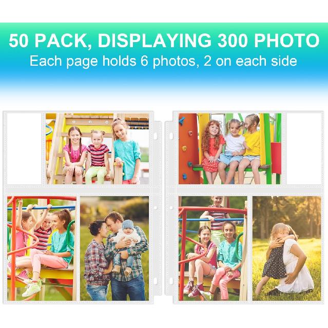 50 Pack 4 x 6 Photo Sleeves for 3 Ring Binder(300 Pictures), Heavy-Duty Archival Photo Page Protectors, Clear Picture Album Refill Pages Holds,