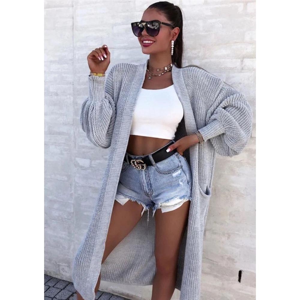 Chun-needle Knitted Sweater for Autumn and Winter Women's Outerwear, Solid Color Large-sized Long Pocket Cardigan Coat