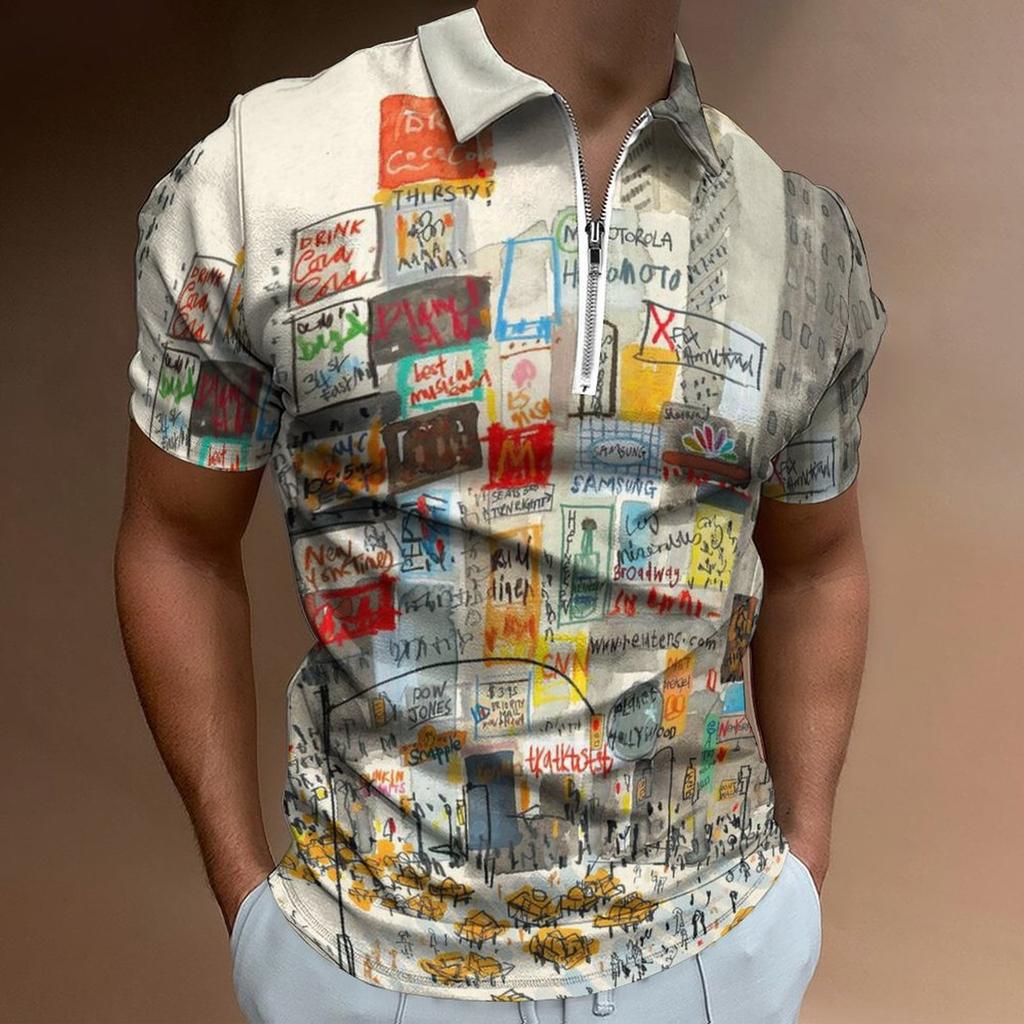 Zip Collar Short-sleeve Polo Shirt, With Global Landmarks Print, Stylish Casual Top