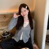 Sweet Gray Fake Two-piece Top Women's New Korean V-neck Knitted Sweater Autumn Short Backing Sweater