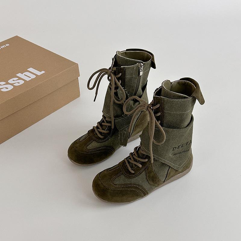 Versatile retro style splicing design sense boots women's autumn and winter fashion color matching lace-up thick-soled tooling boots short boots