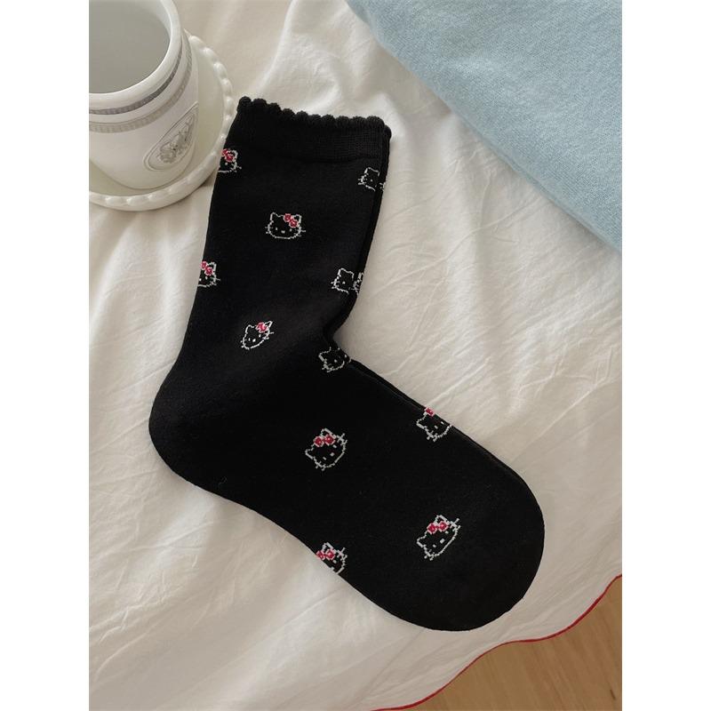Damen Frühling und Herbst Einfarbig Katze Blasenmaul Spitze College Wind Röhren Plüschsocken