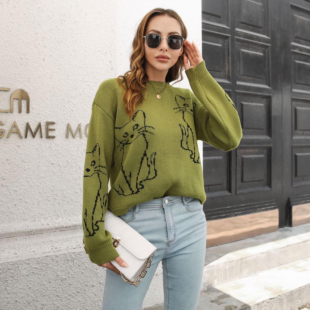 GMXIA Damenmode, lässig, Kätzchen-Druck, Herbst-Winter, langärmelig, halber Rollkragenpullover, lose Pullover