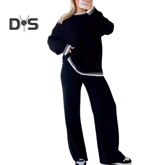 2 Pcs/Set Winter Sweater Pants Set O Neck Loose Knit Thick Long Sleeves Sweater Wide Leg Warm Trousers Daily Outfit School Homewear Sport Clothes