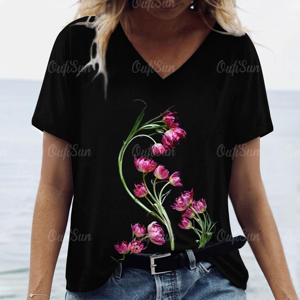 2024 Women T Shirt Summer Floral T-Shirt Plus Size Women's Clothing Oversized Designer Short Sleeve Shirt Women V Neck Blouse