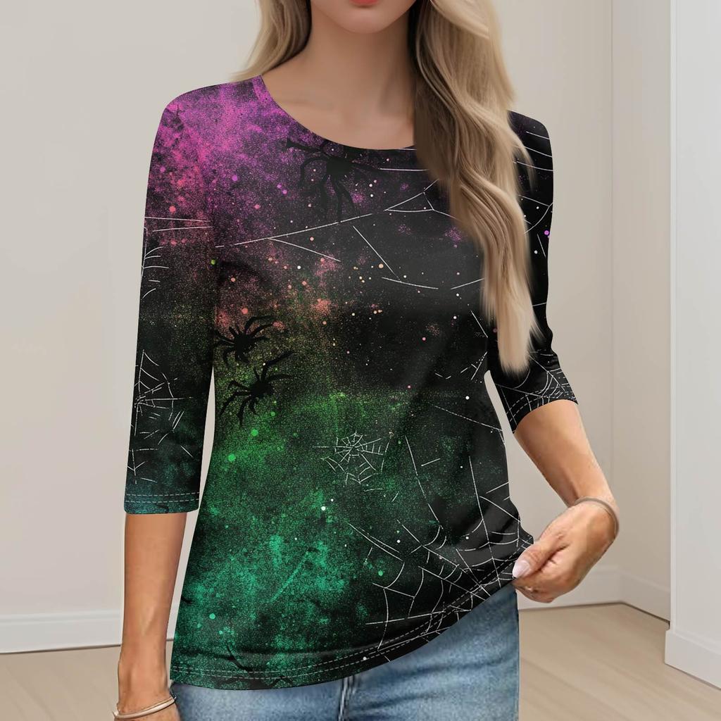 Women's Fashion Casual Round Neck 3/4 Sleeve Loose Printed T-Shirt Ladies Top