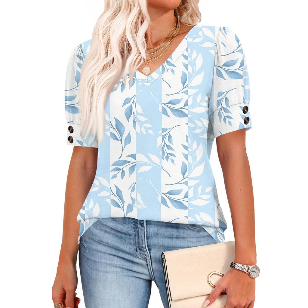 Womens Tops Short Sleeve Shirts Buttons V Neck Fashion Outfits Blouses Casual