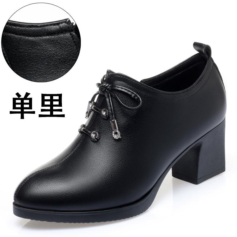 Women Spring Autumn New Fashion Lace Soft Leather Platform Pumps Korean Style Casual Waterproof Pointed Toe Single Shoes