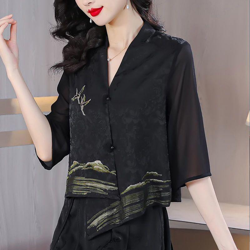 Women's Green Embroidered Chinese Style Blouse V-Neck Chiffon Sleeve Asymmetrical Hem Top