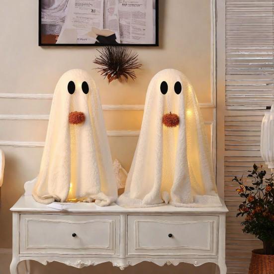 Light-Up Sherpa Ghosts with Pumpkin Cute Ghost Tabletop Decoration for Halloween Indoor Home Kitchen Fireplace Decor