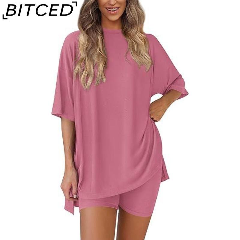 BITCED Women's Spring/Summer Loose-Fit Fashion Solid-Colour Casual Short-Sleeved Top and Shorts Two-Piece Set