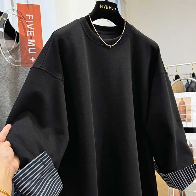 Sweatshirt for Women Cotton Oversize Fleece Thickened Loose False  Two Striped Round Neck Casual Pullover Long Sleeve Top Sweatshirt