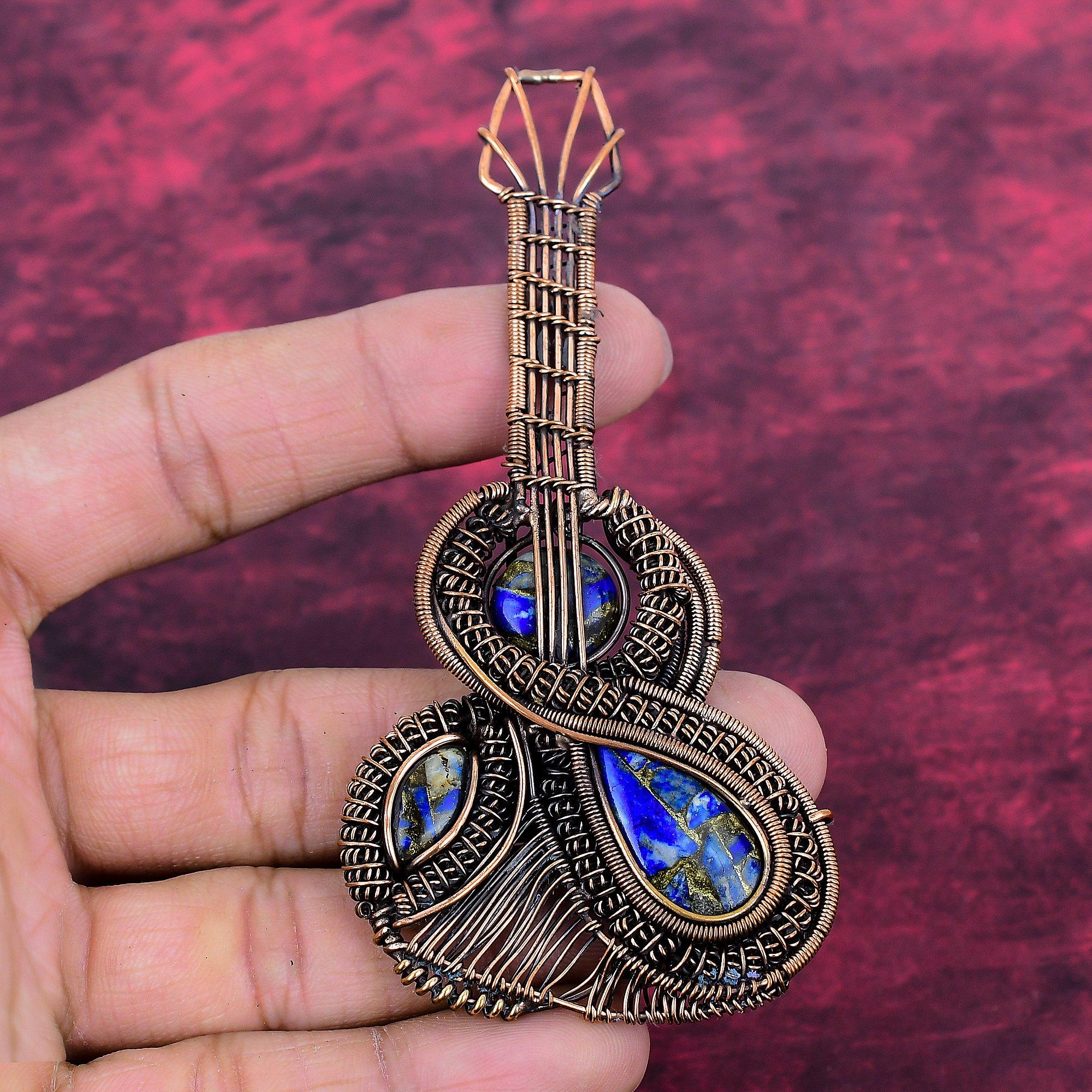 Copper Lapis Lazuli Pendant Guitar Gemstone Jewelry Copper Wire Wrapped Pendant