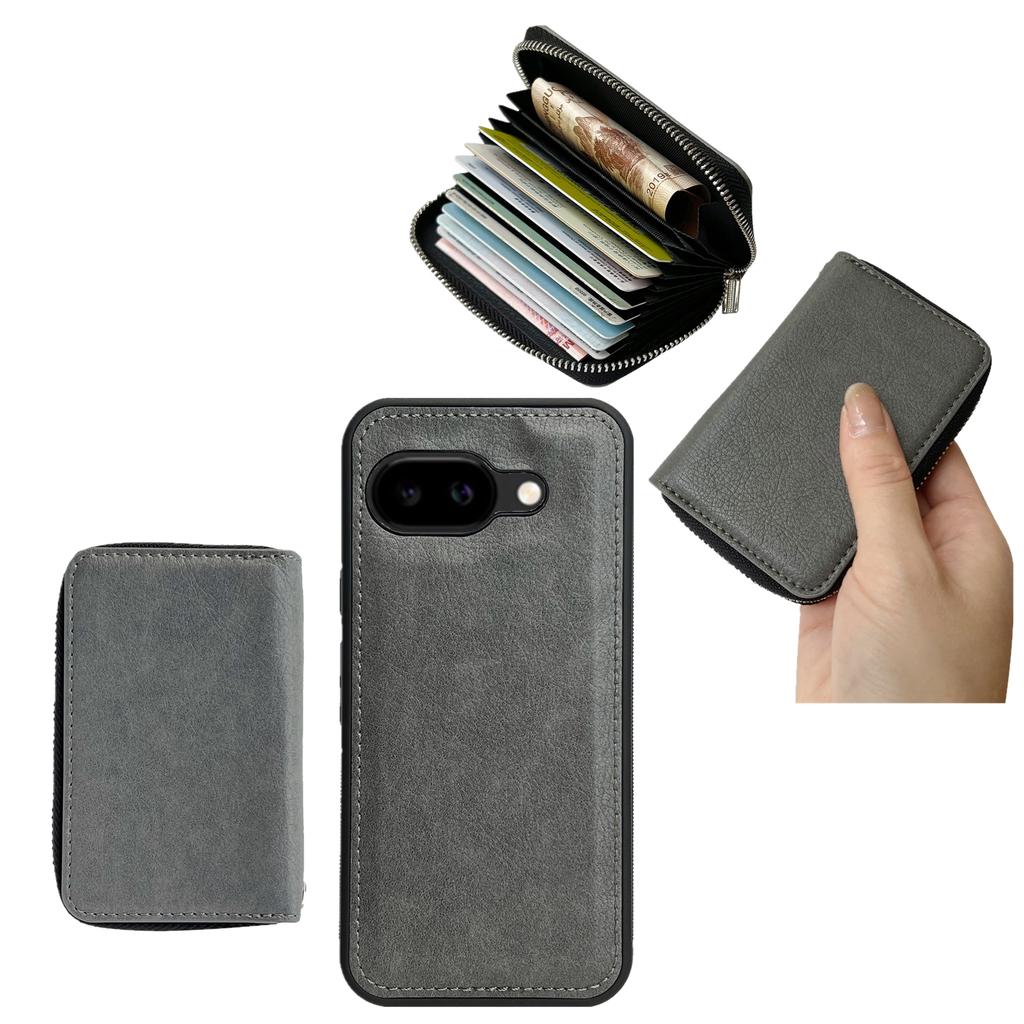 For Google Pixel 9a Case Detachable Zipper Card Bag PU TPU Kickstand Phone Case with Strap