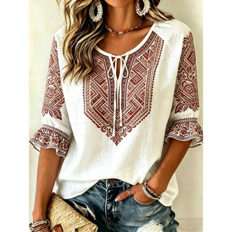 Women's White & Red Paisley Print Tie Neck Blouse, Casual Loose Tops for Spring Summer Daily Wear & Vacation Occasions