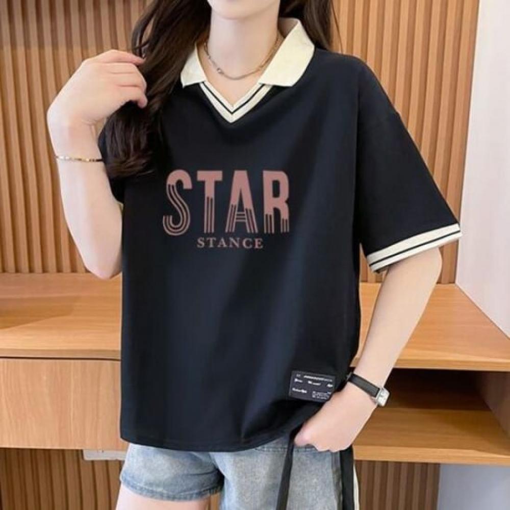 NaVaVa Women STar LeTTering V Neck Collar ShorT sleeVe T shirT nT2809