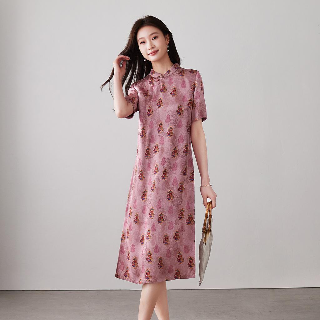 New Chinese Style Printed Short Sleeved Dress for 2026 Spring Fashion, Versatile and Slimming, Mid Length Skirt