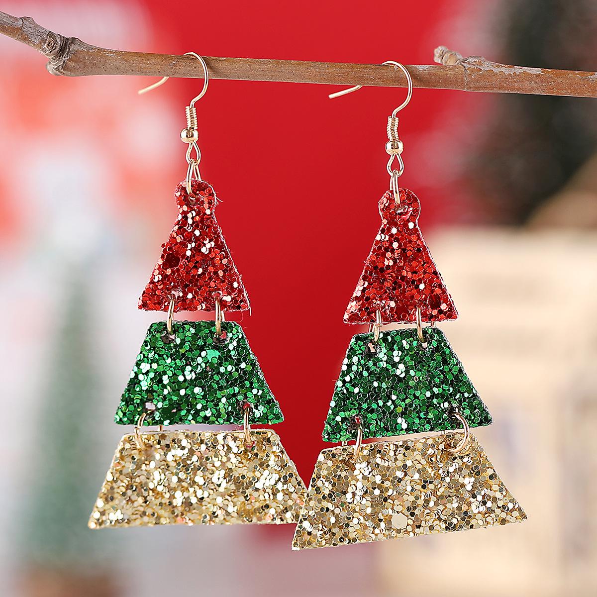 

Трансграничный Рождественский кулон в виде елки с пайетками, кожаные серьги - красный, зеленый, золотой, двусторонний набор из трех штук