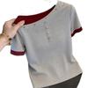 Women Slant Collar Color Block Fake Two Piece Short Sleeve Slim T Shirt