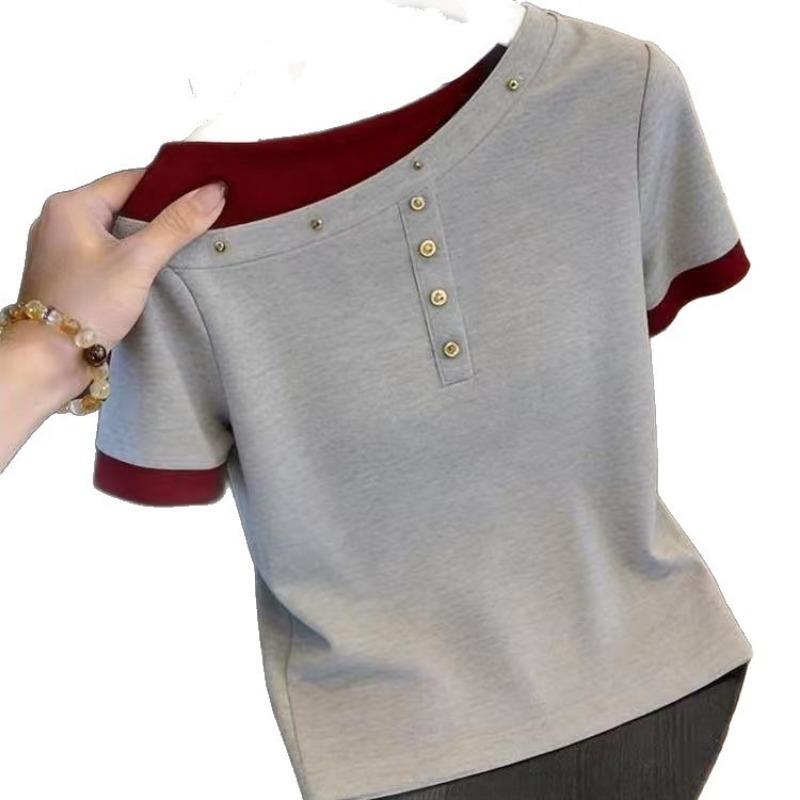 Women Slant Collar Color Block Fake Two Piece Short Sleeve Slim T Shirt