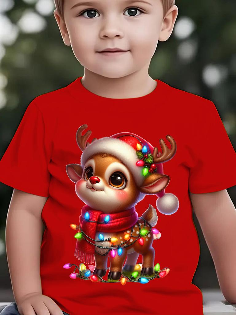Christmas and Summer Children's Fashionable T-shirt, Spotted Deer Lantern Cartoon Pattern Printed Casual Parent-child Top