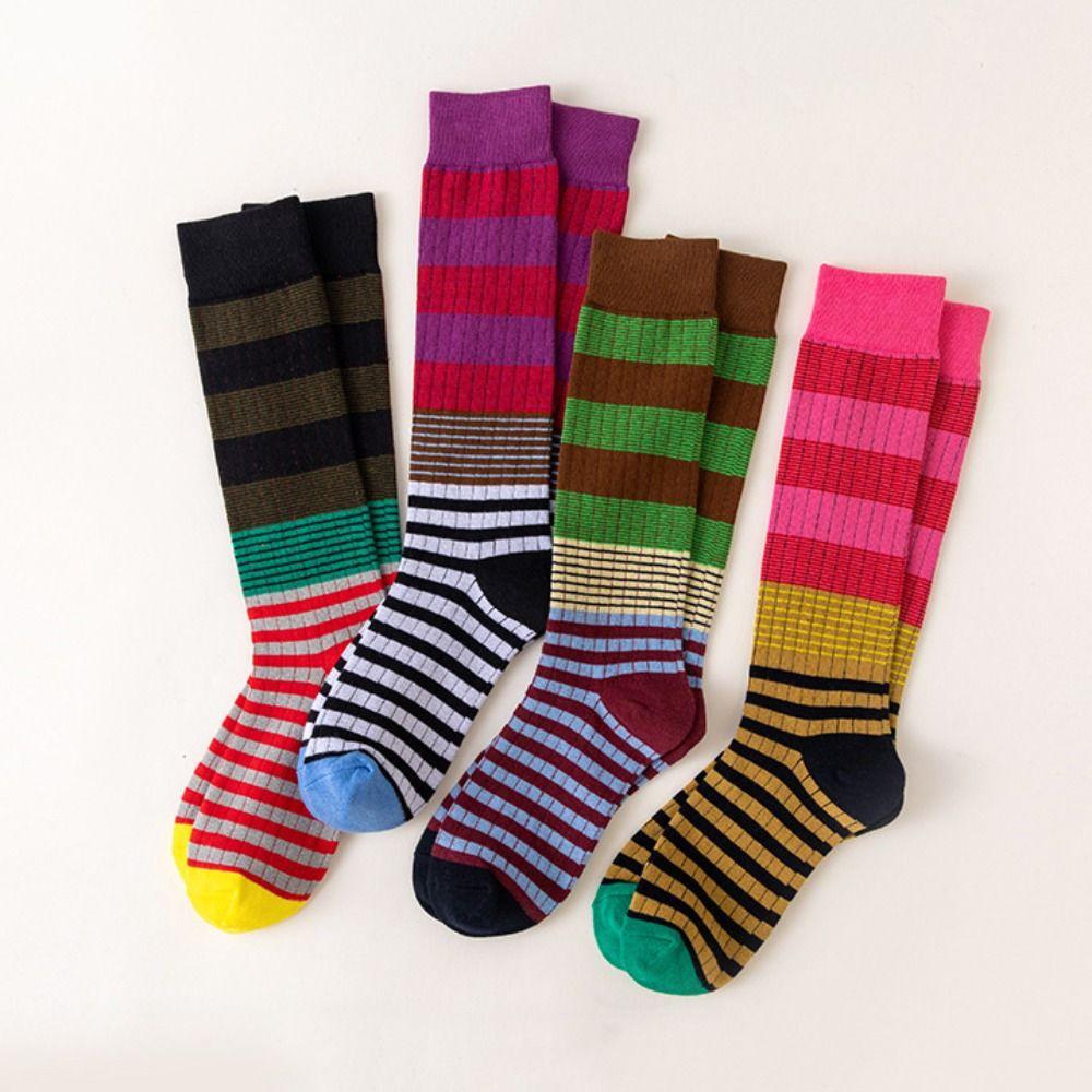 4pairs Patchwork Colorful Striped Calf Socks Japanese Style Retro Pile Socks  Girl