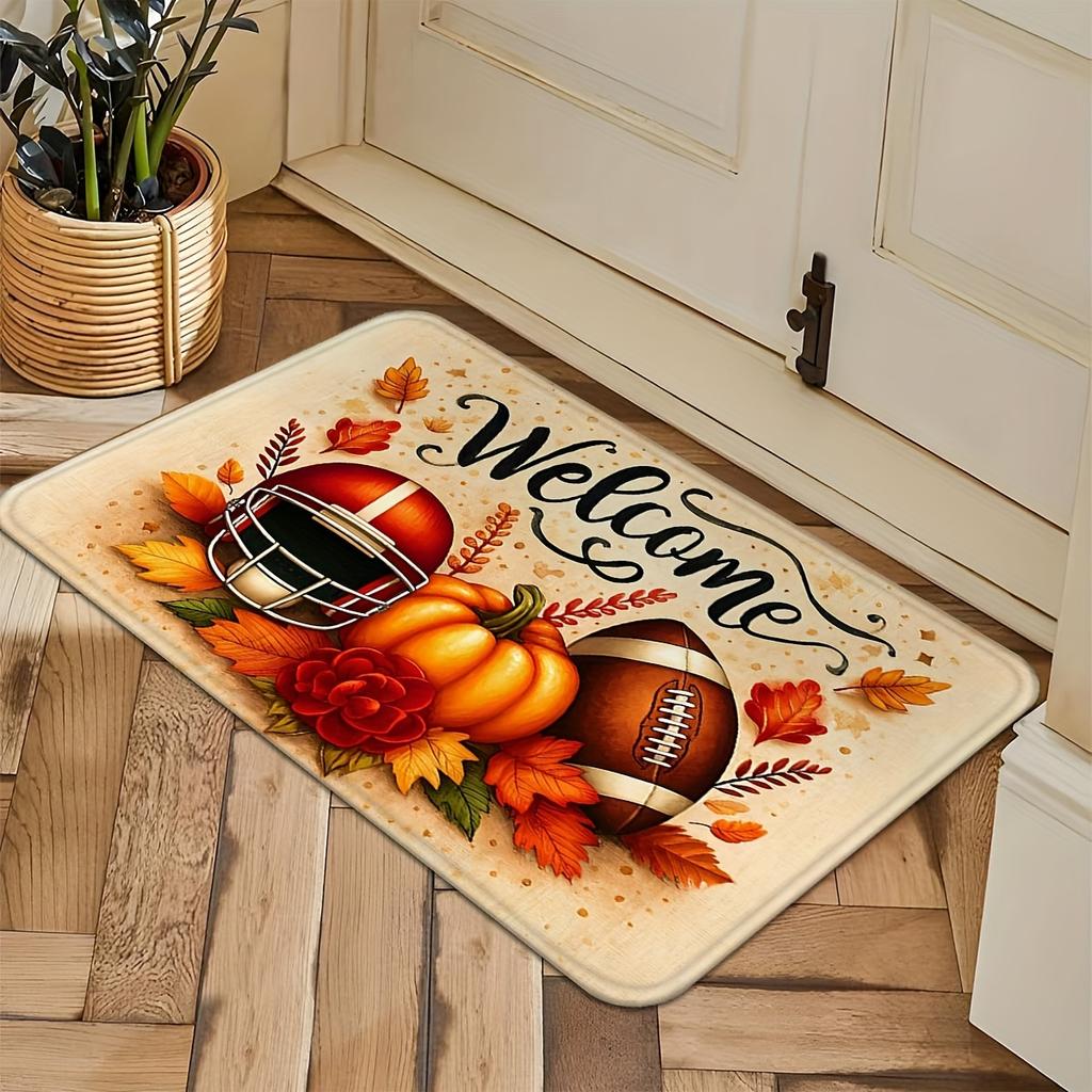 Thanksgiving Football Pumpkin Doormat, Autumn Leaves Design Non-Slip Rug, Medium Pile Polyester Mat for Seasonal Home Decor