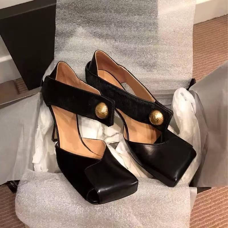 Fashion Vintage Square Toe Patchwork Leather Women Pumps Fashion Spring Autumn Mary Janes Horsehair Stiletto High Heels Party Prom Shoes