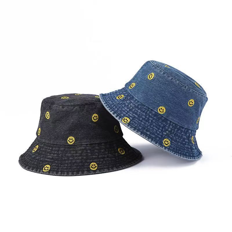 Chic cute smiley denim bucket hat female summer versatile student travel sunshade sunscreen hat tide