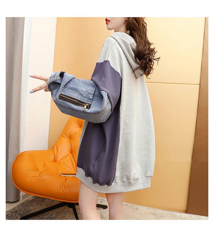Denim Patchwork Hooded Sweatshirt, Fake Two-Piece, Mid-Length Loose Fit, 2025 Korean Style, Plus Size Pullover Hoodie