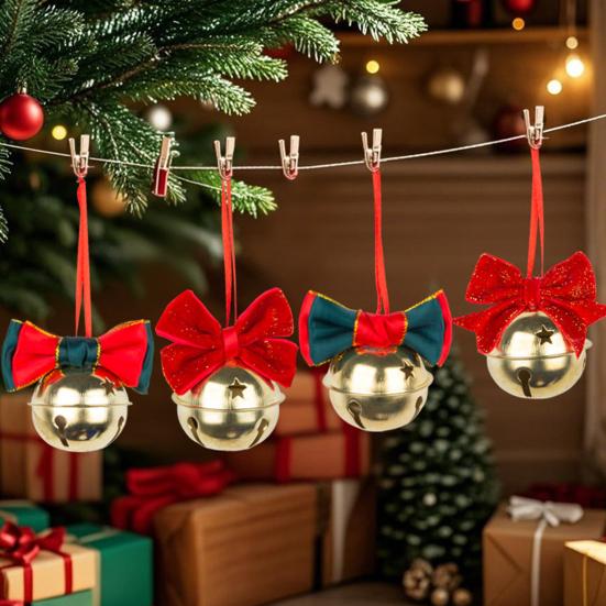1/4Pcs Christmas Bell Decorations Red Velvet Bowknot Decor Bell with Star Hollow Design Festive Atmosphere Outdoor Decoration