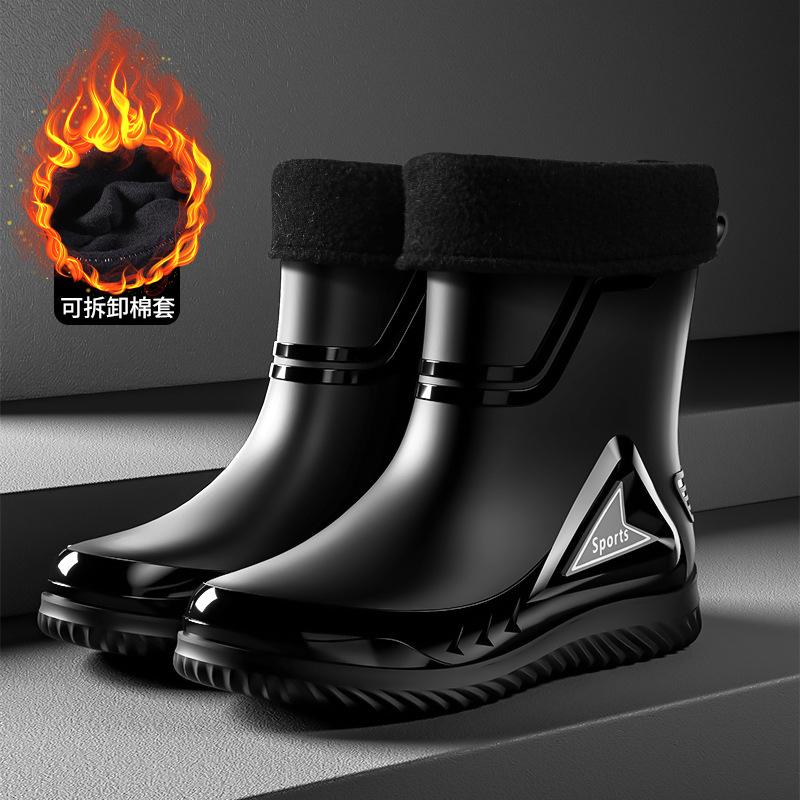 Rain Shoes Men's Medium Tube Non-slip Waterproof Shoes New Fashion Outdoor Water Boots Thermal Short Tube Rubber Shoes Men's Fashion