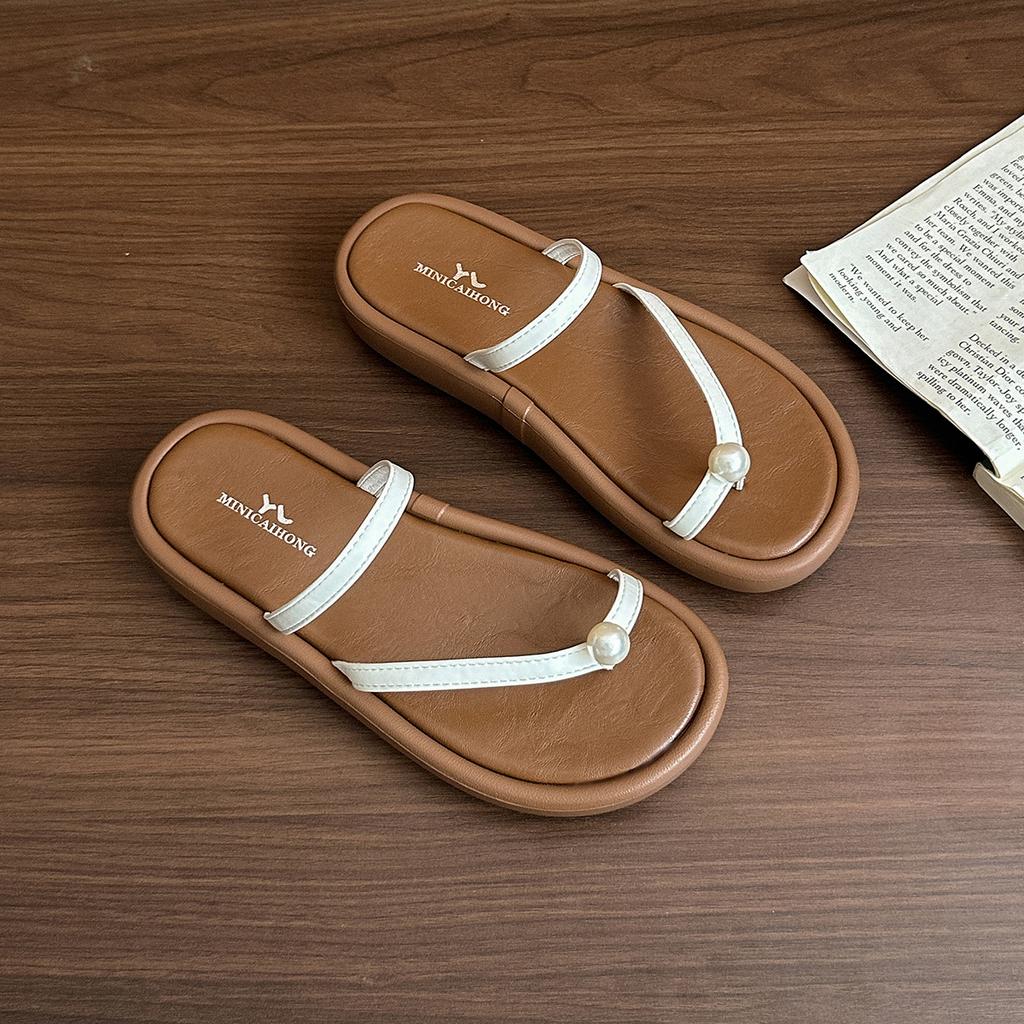 Platform-soled Toe Sandals 2025 New Korean Version of Pearl Fairy Style Fashionable and Versatile, Wearing Beach Cool Slippers