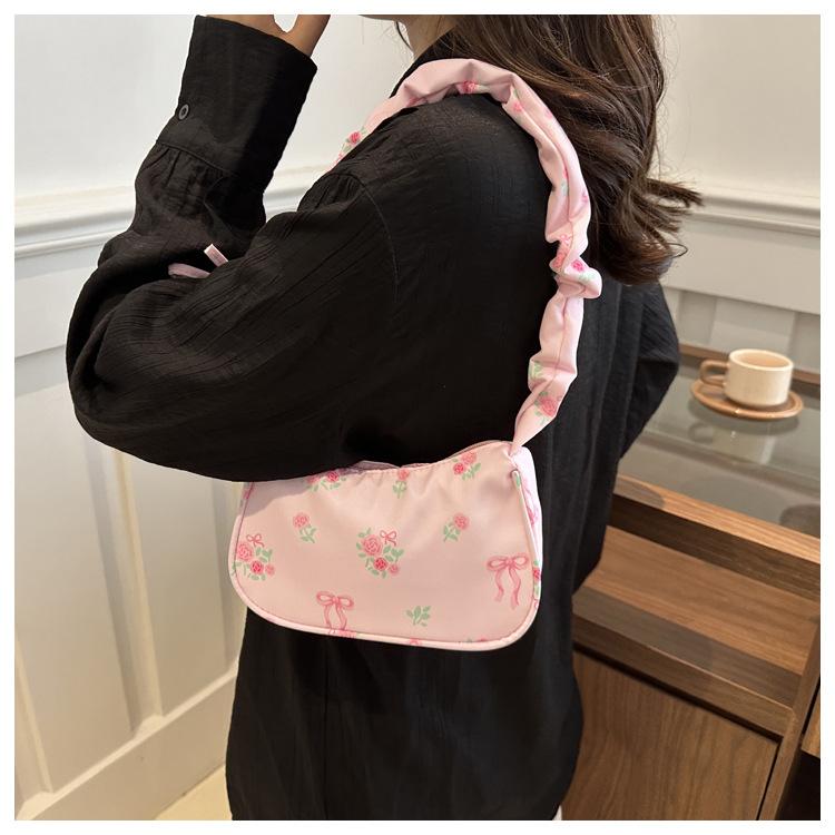 Women's Floral Print Drawstring Nylon Shoulder Bag, Sweet Style Bowknot Single Strap Handbag, Korean Fashion Casual Crossbody Purse
