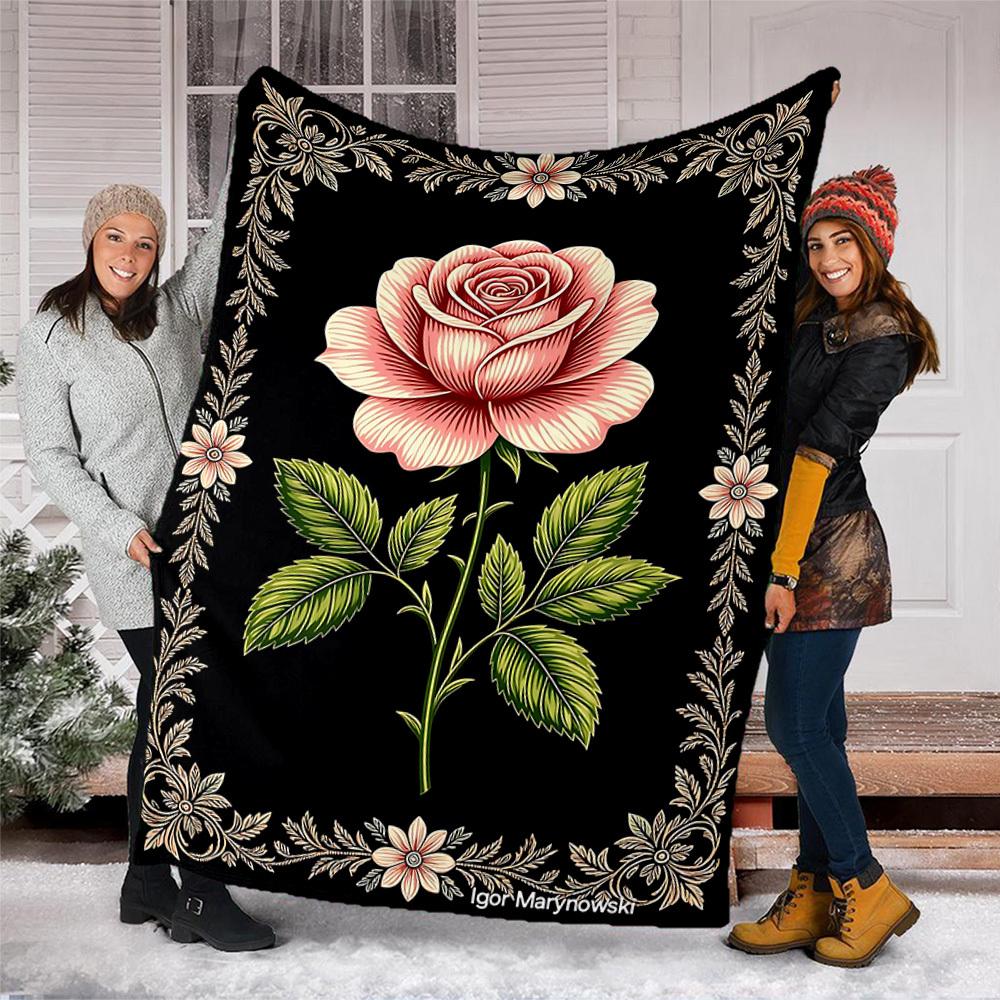 1pc Rose , Floral Outdoor Flannel Blanket Soft All Season Polyester Throw , Perfect for Picnics & Travel , Picnic Accessory