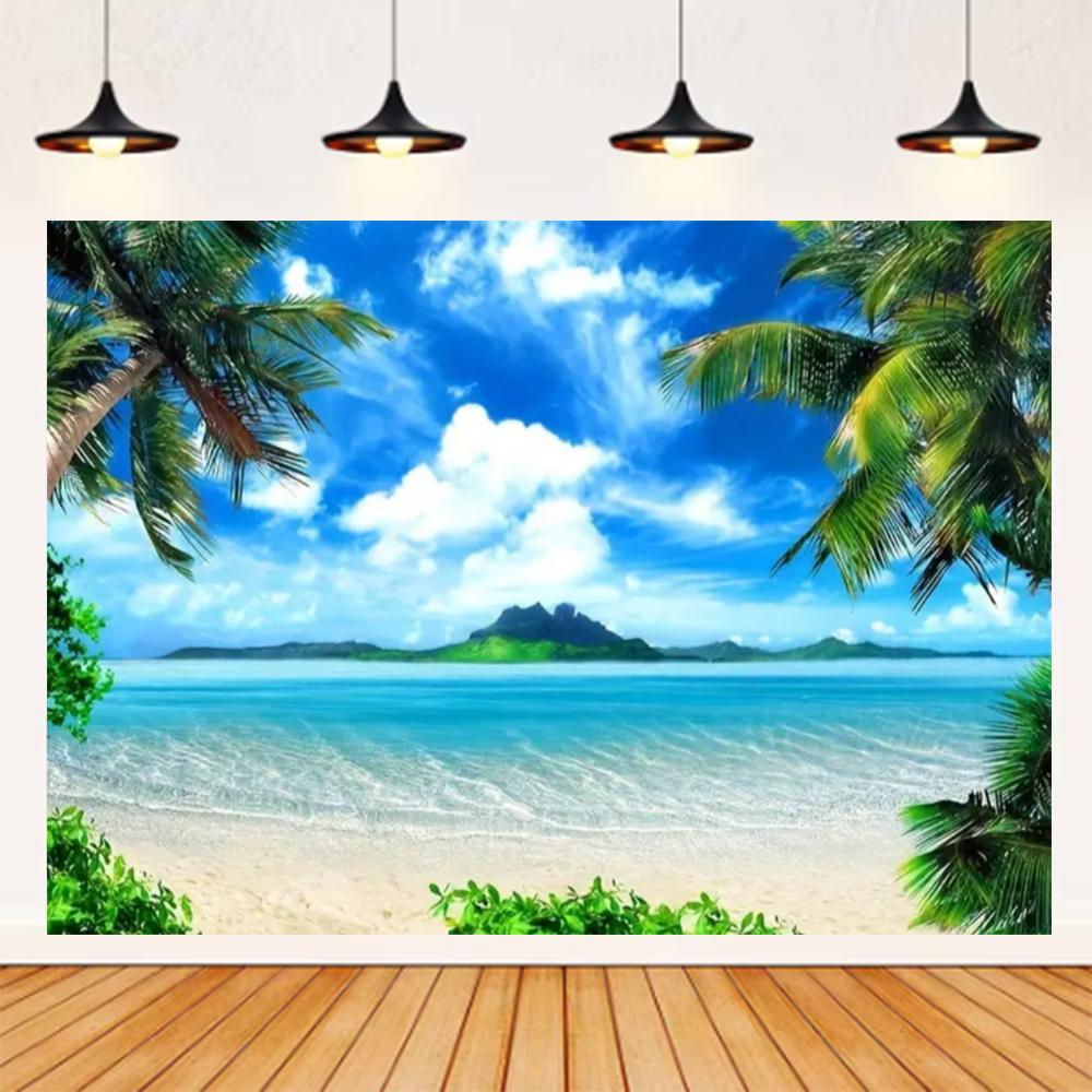 Summer Seaside Beach Theme Background Palm Tree Blue Sky Romantic Sunrise Sea Wave Photography Backdrop Supplies Party Decor