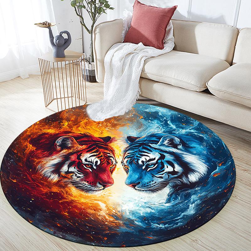 Yin Yang Tigers Round Area Rug,Carpet Rug for Living Room Bedroom Sofa Playroom Decor,Non-slip Floor Mat
