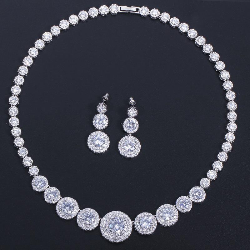 T0132 Bridal, High-End Micro-Inlaid Zircon Necklace Earrings, Two-Piece Set Of Noble Wedding Banquet Jewelry