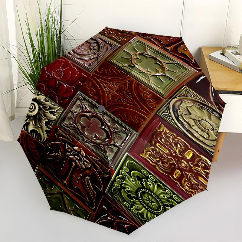 

Decorative Tiles Art Nouveau Patterns Themed Automatic Opening and Closing Umbrella, Brightly Colored 8-rib Portable Umbrella, Suitable for