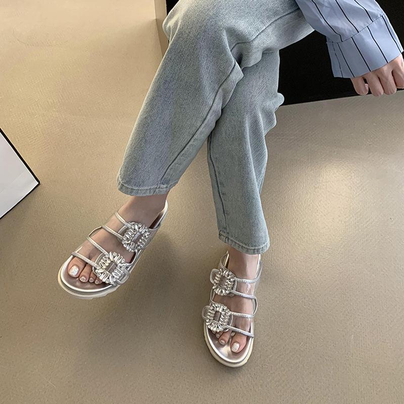 New Versatile Casual One-word Slippers Women's Summer Wear Square Buckle Rhinestone Double Belt Thick-bottomed Beach Cool Slippers