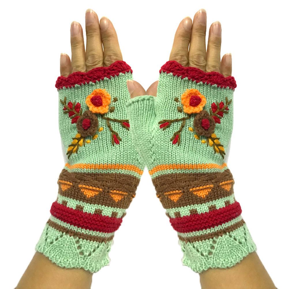 Vintage Multicolor Knitted Gloves with Floral Winter Warm Fingerless Gloves Knit Gloves for Girls Women