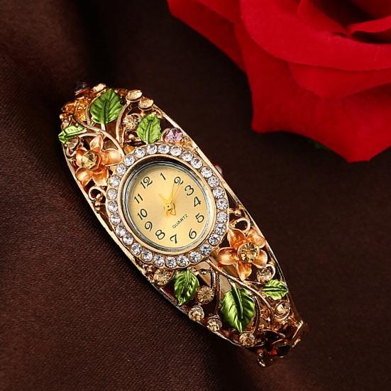 Women Flower Bangle Watch Rhinestone Round Dial Quartz Movement Classic Casual Formal Dress Wide Bangle Wristwatch Fashion Jewelry