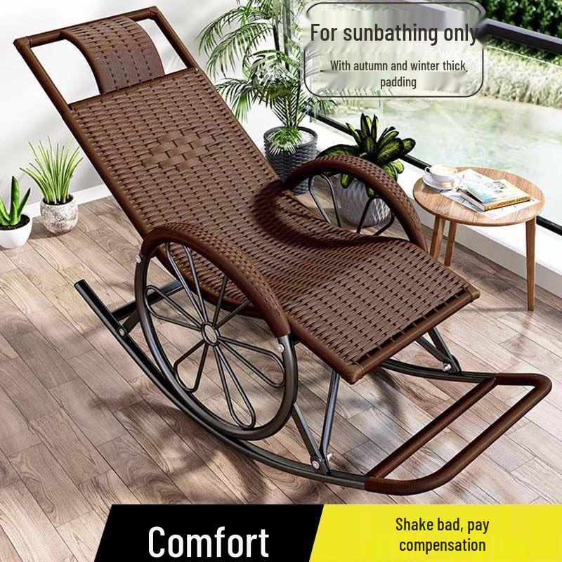 Adult Rattan Rocking Chair: Steel-Framed Recliner for Leisure and Napping on Balconies