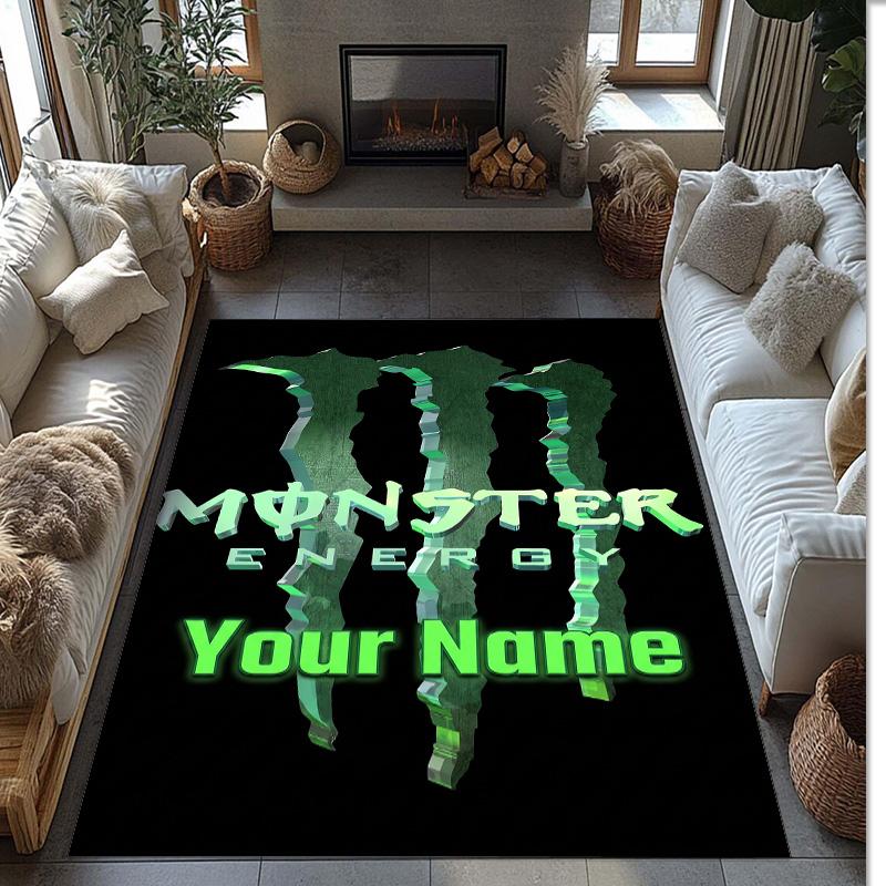 Tappeto Monster Energy Crystal Velvet, Tappetino Antiscivolo Personalizzato con Nome Testo per Arredamento Casa Regalo