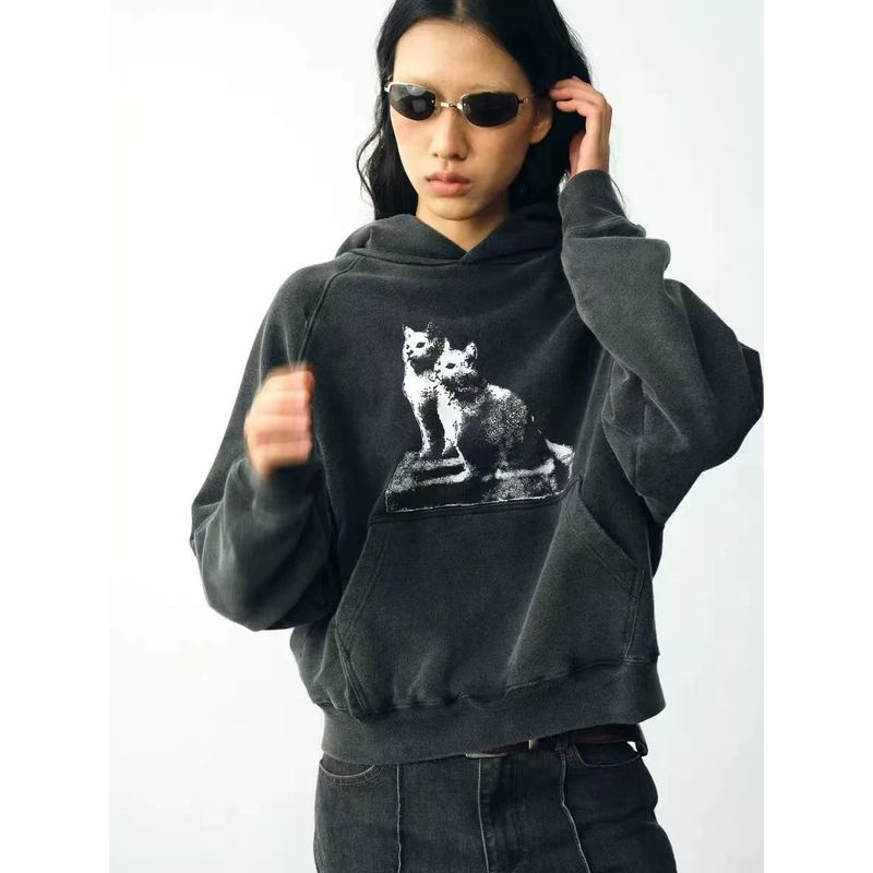 

Fashion Style Fashion Printed Hoodie Loose Casual Hoodie Printed Loose Hooded Top Washed Black 3XL
