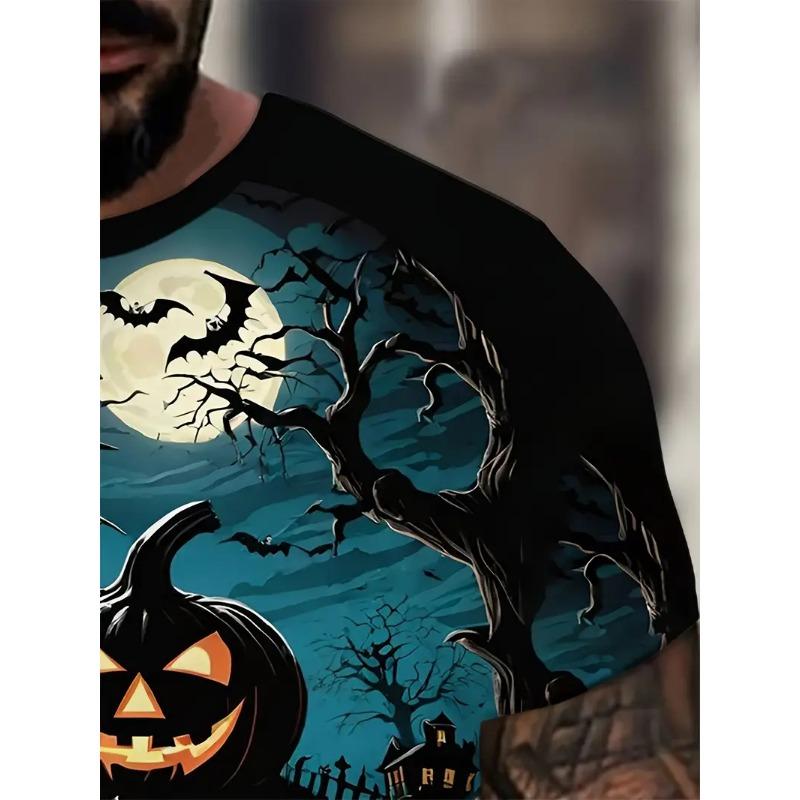 Men's Halloween Pattern Printed T-shirt Sports Short Sleeved Crew Neck T-shirt for Summer Outdoor Fitness Workout Men's Clothing
