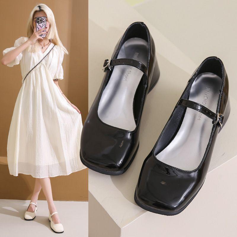 Feeënschoenen retro zilver Franse avondwind niche vierkante neus zachte enkele schoenen damesschoenen dikke hak Mary Jane damesschoenen hoge hakken