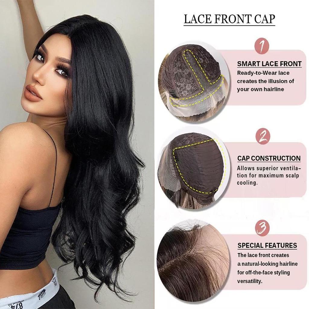 Damen 66 cm Haar schwarz langes lockiges Haar T-förmige vordere Spitze Rosen-Haarnetz Kopfbedeckung reine handgewebte Spitzenperücken Kanekalon-Perücke